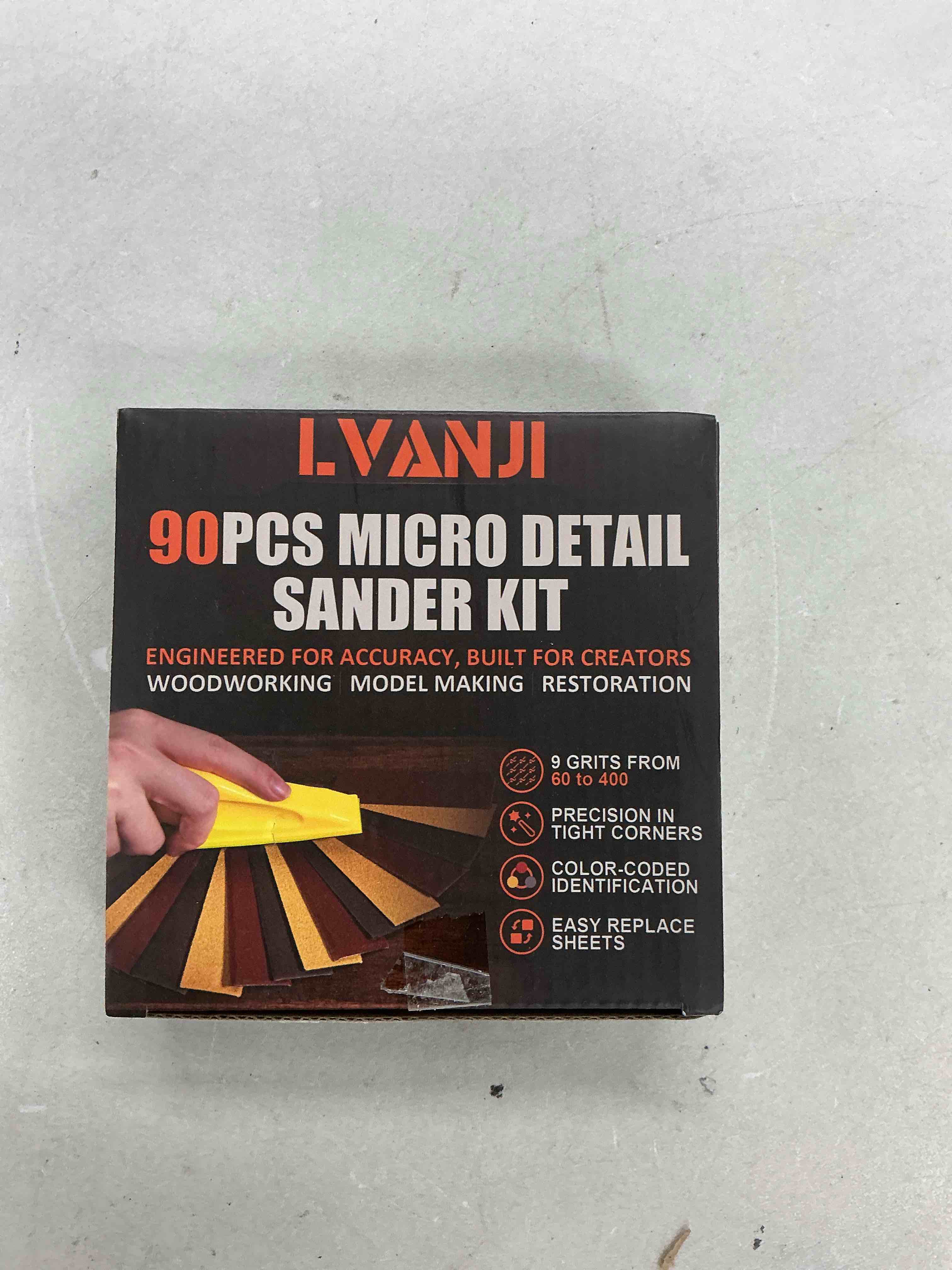 Condition photo showing New/Like New for 90pcs premium micro detail sander kit, updated 3-in-1 mini hand sanding block, 60-400 grit sandpaper for wood crafts, tight spaces, and diy polishing projects