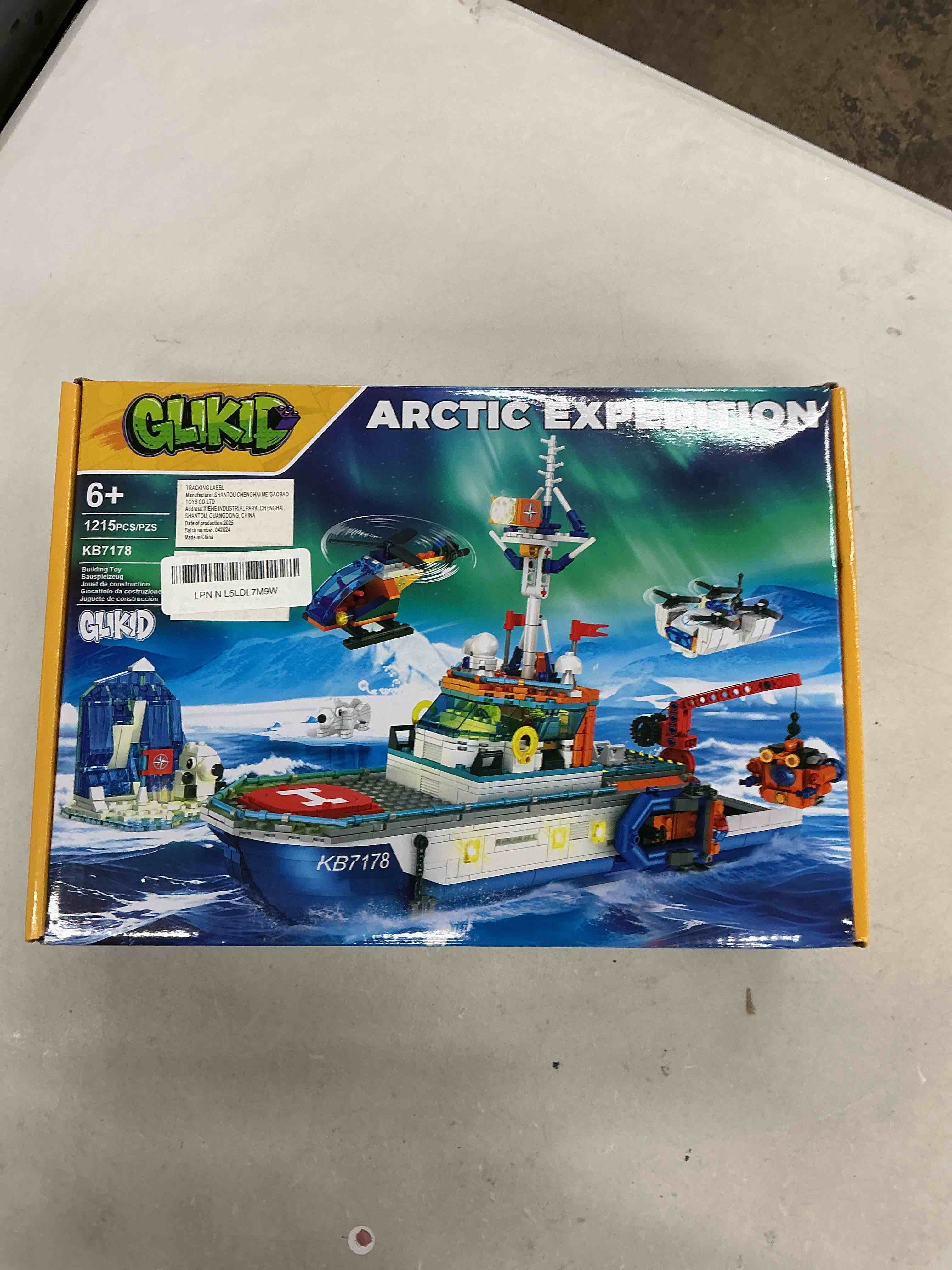 Condition photo showing New/Like New for city boat building set with led lights - arctic explorer ship toy gift for 8 year old boys and girls, with helicopter, drone, speedboat, submersible, iceberg, and polar bears