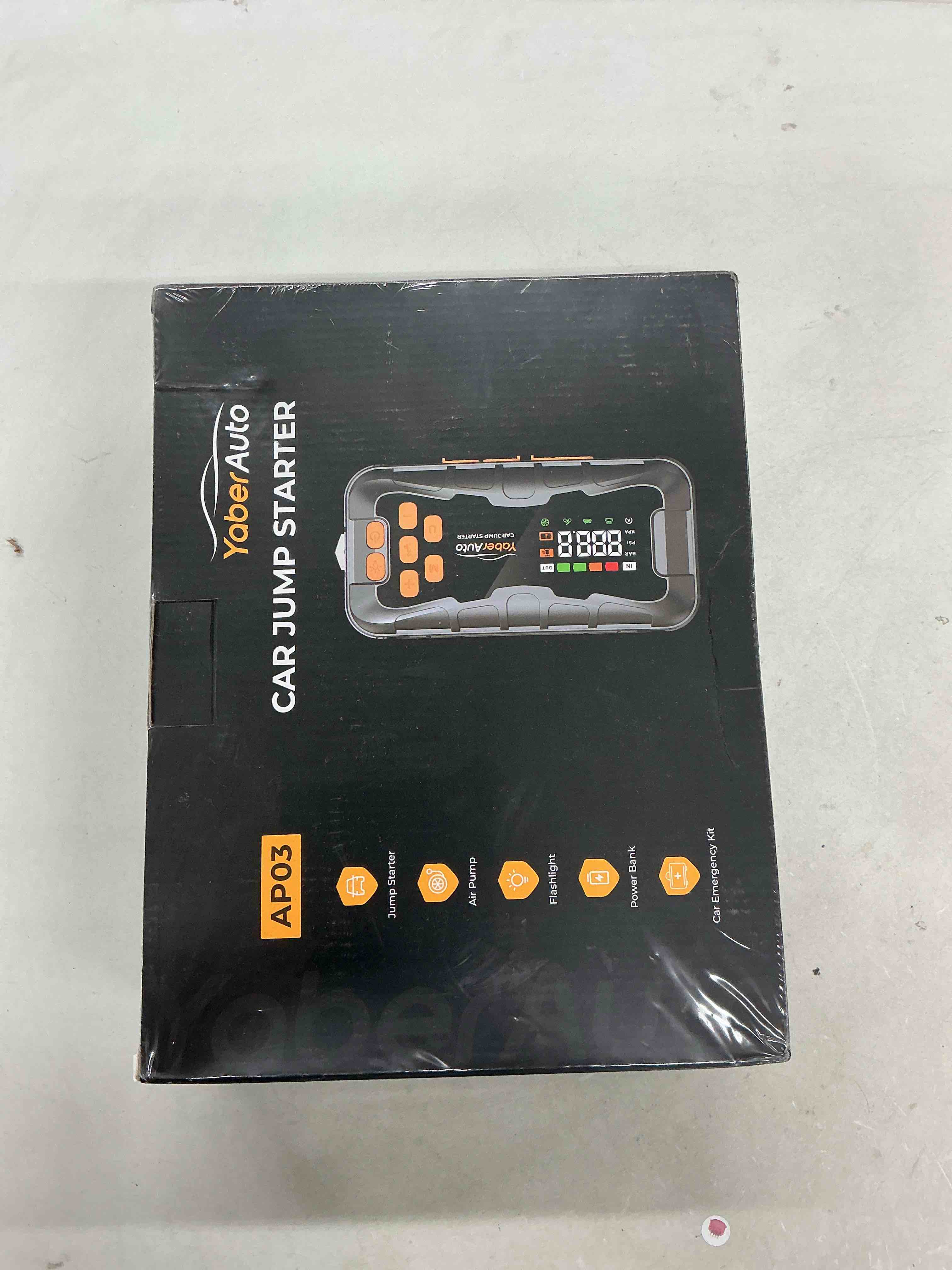 Condition photo showing New/Like New for yaberauto 16-in-1 jump starter with air compressor 8000a 160psi car battery jump starter (all gas/14l diesel) 12v jump box car battery jumper starter portable jumper cables, emergency tool kit, gloves