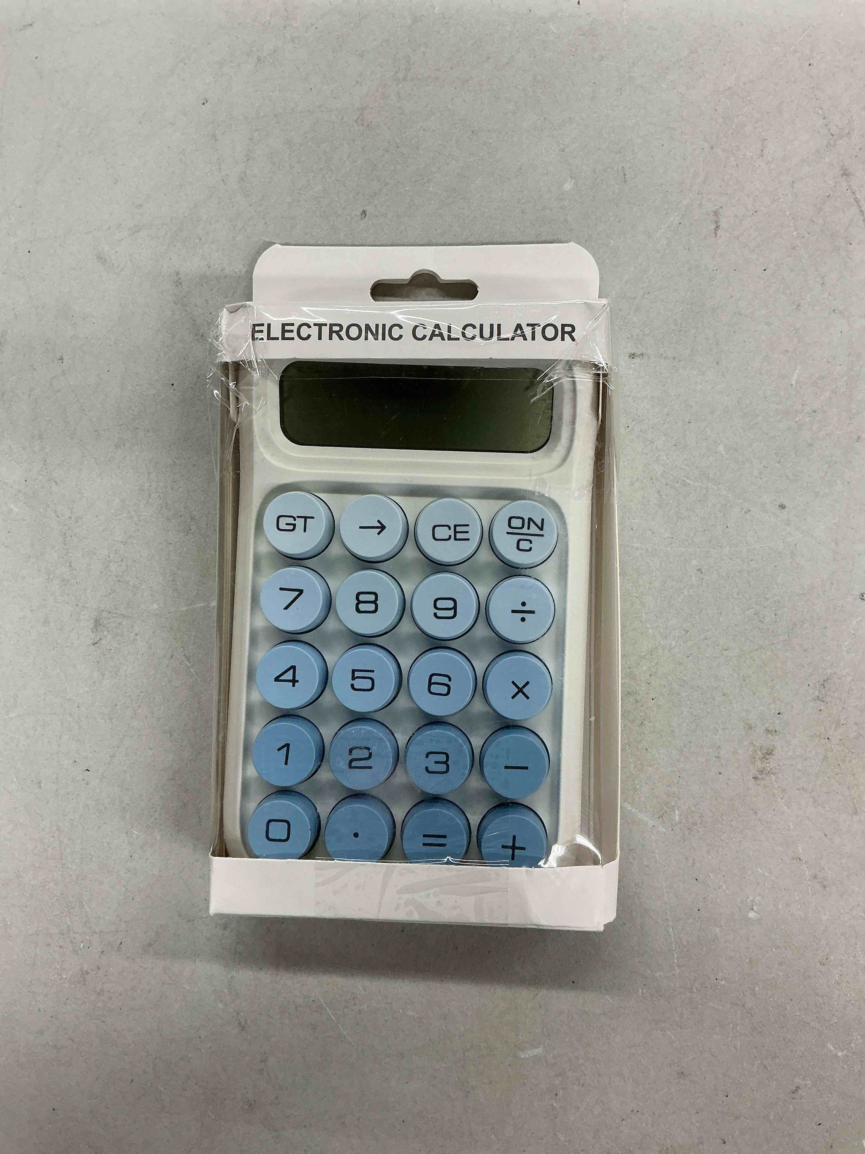 Condition photo showing New/Like New for mechanical switch calculator, 10 digits, large lcd display, purple, big buttons, aesthetic s gradient blue