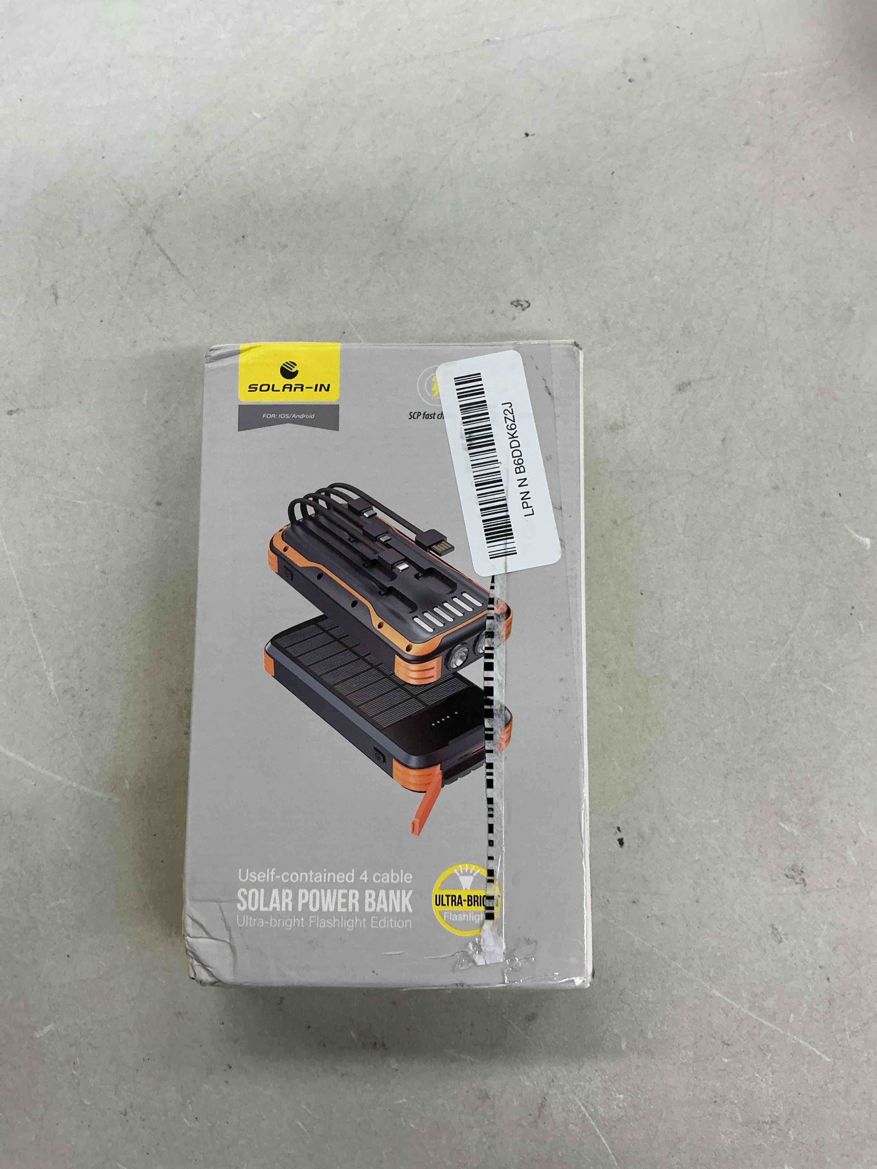 Condition photo showing Good Condition for solar power bank 40000mah, portable charger pd 20w fast charging solar charger power bank built in 4 cables and usb-c in/output, camping essentials external battery pack with flashlights orange-black