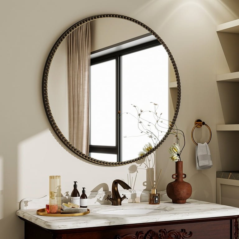 Beautypeak 28" Round Large Vintage Mirror Decorative Bathroom Mirror, Antique Bronze 28" X 28"