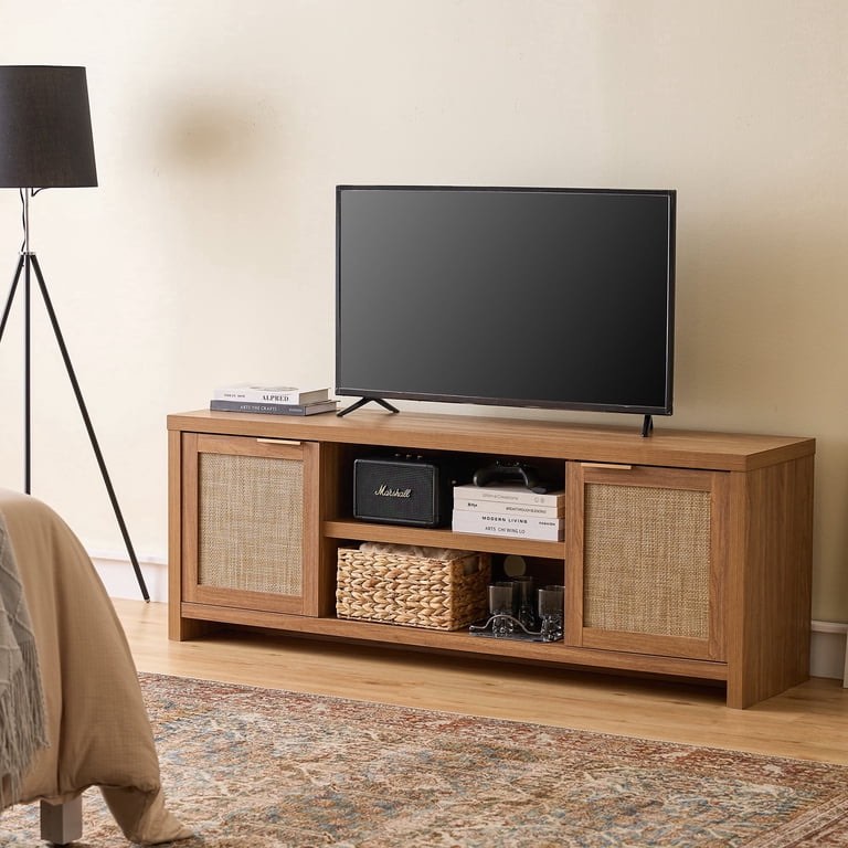 ARKANTOS Rattan TV Stand for Tvs up to 65 inch, Wood Media Console for Living Room, Natural Oak