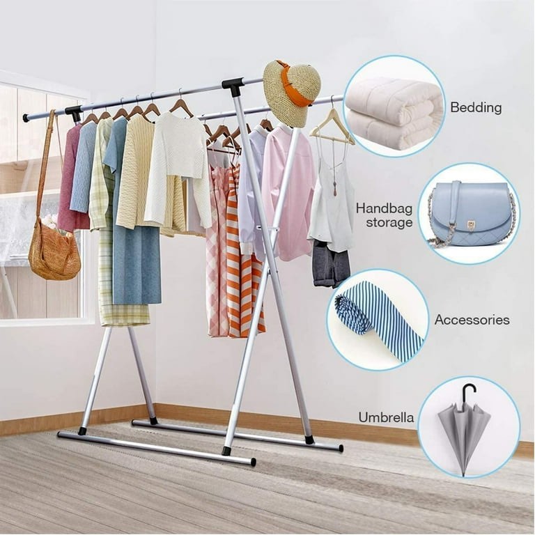 Untyo Metal Clothes Drying Rack Foldable Laundry Coat Hanger Double Rail Adjustable Space-Saving Foldable Drying Hanger for Indoor and Outdoor Use Sliver