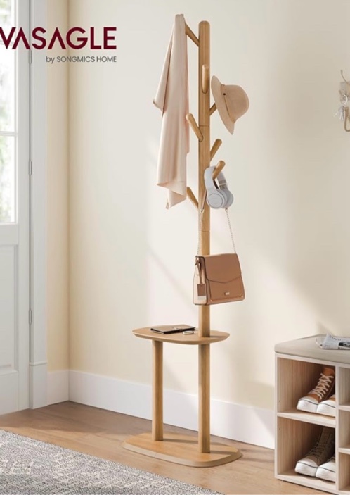 VASAGLE Coat Rack, Free Standing Coat Stand, Hall Coat Tree with 8 Hooks and Storage Shelf, 67.2 Inch Tall, for Coats, Hats, Bags, for Entryway, Hallway, Bedroom, Natural Beige URCR040N02
