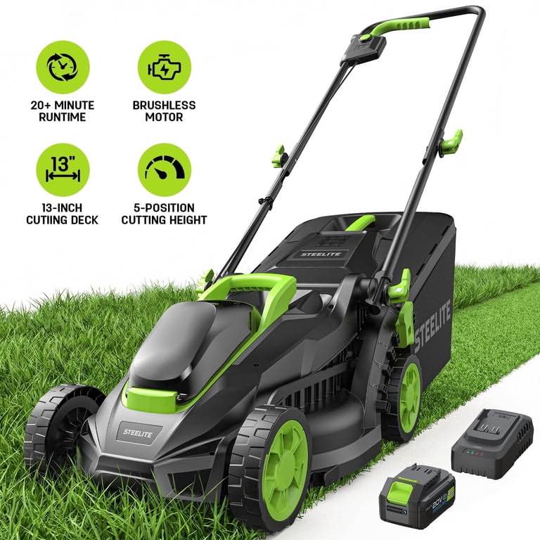 Steelite 13-Inch Cordless Lawn Mower, 21v Electric Lawn Mowers With Brushless Motor For Garden,5 Heights Adjustment, 4.0ah Battery & Charger Included