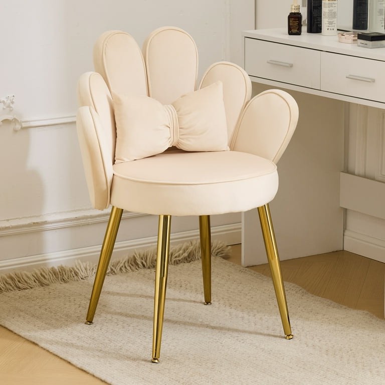 Ktaxon Vanity Makeup Chair Comfy Accent Chair Small Office Chair with Flower Back and Lumbar Pillow for Living Dining Room Bedroom Home Office Velvet Beige