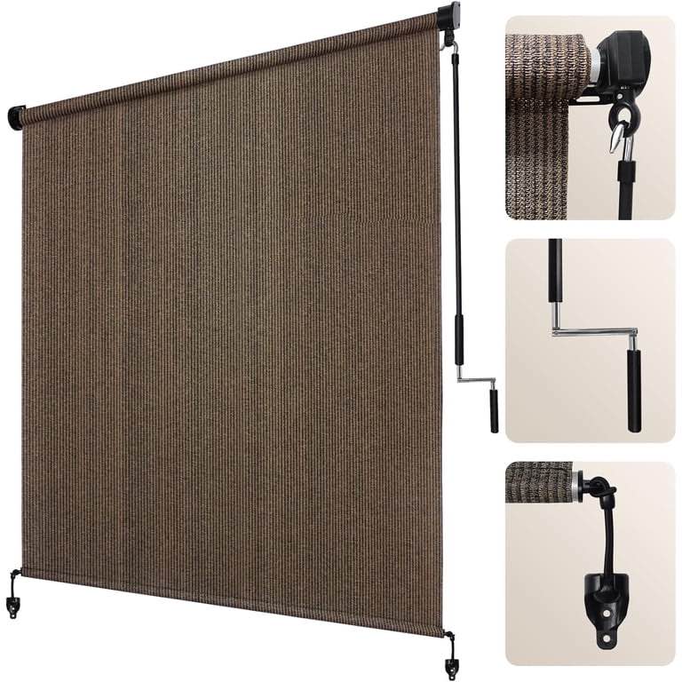 NAWAY 6'W x 8'H Cordless Outdoor Roller Shades,220 GSM HDPE Fabric,90% UV Protection Exterior Roll up Blinds for Porch,Gazebo,Balcony,Coffee Brown