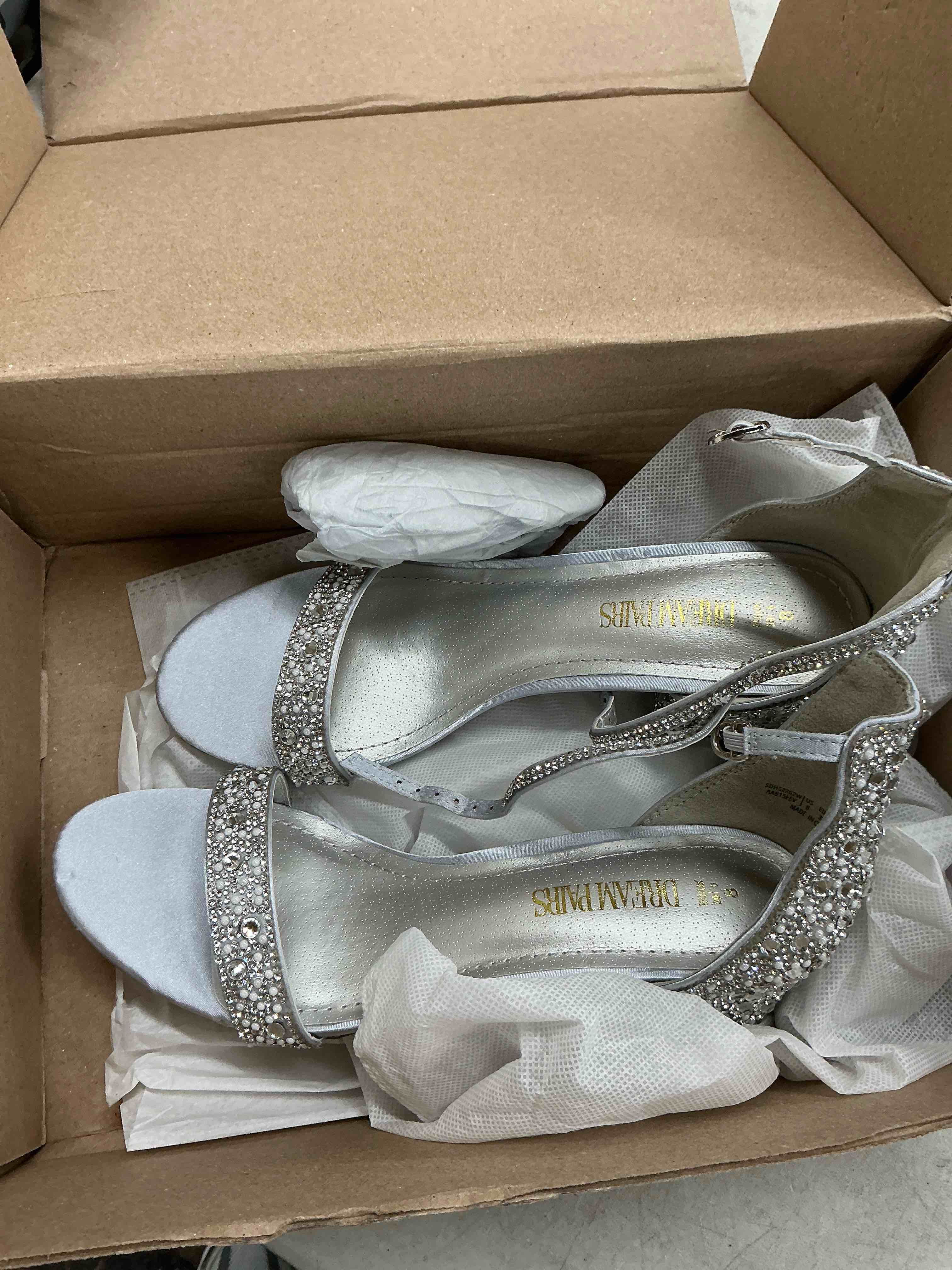 Condition photo showing Good Condition for shesole women's open toe strappy low block heel bling rhinestone sandals for wedding bride dress shoes 10 silver