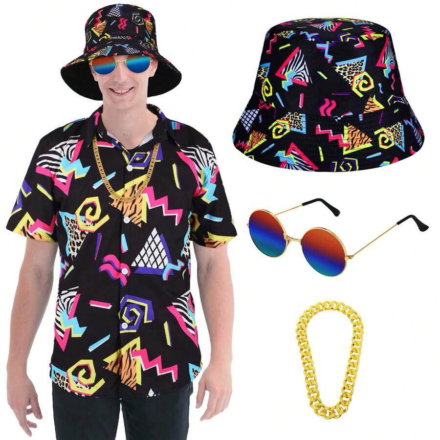 4 Pcs Women 80s 90s Hawaiian Costume Set 90s Neon Shirt Beach Shirts Outfits For 80s Summer Beach