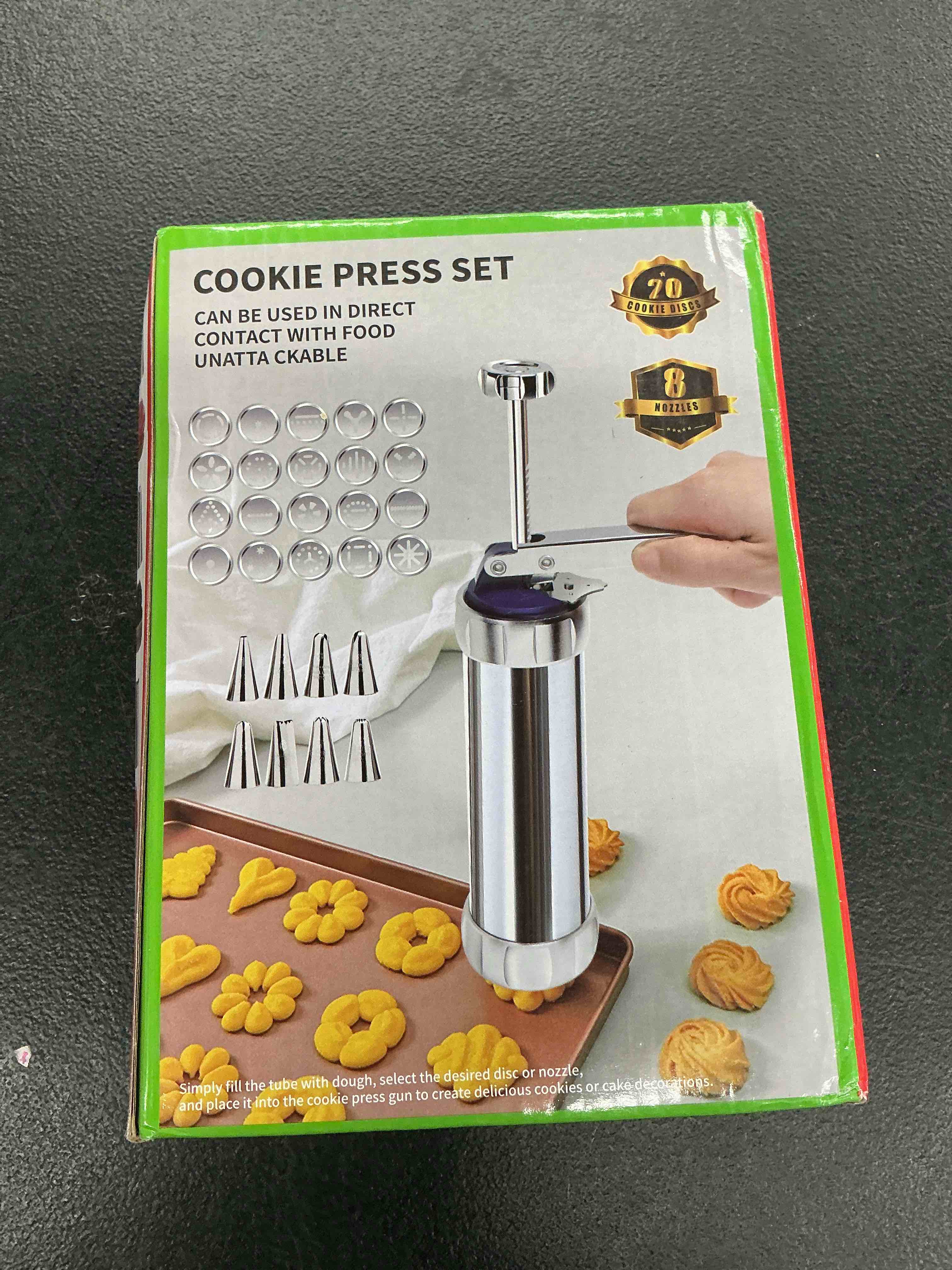Condition photo showing Good Condition for spritz cookie press kit - 20 stainless steel discs & 8 icing nozzles - professional biscuit maker with effortless trigger - complete spritz cookie maker for homemade treats and pastry decoration