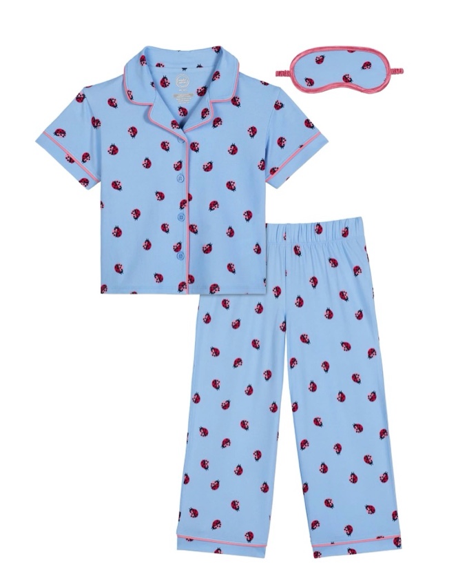 Wonder Nation Girls Short Sleeve Button Front Pajama Top and Pants Set with Eyemask, 3-Piece