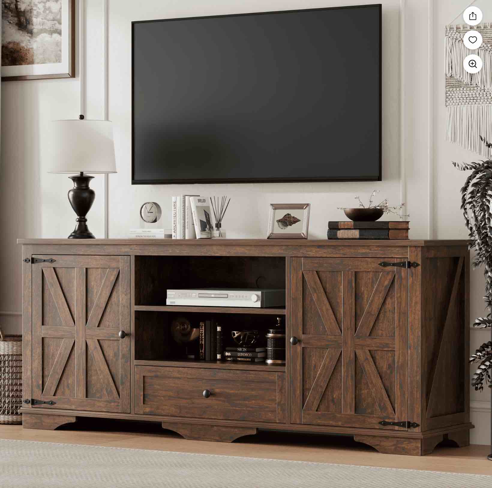 Laintene TV Stands for 65" TV, Entertainment Center with Barn Door, Adjustable Shelves & Storage Cabinets, Solid Wood Media Farmhouse TV Console for Living Room, Brown