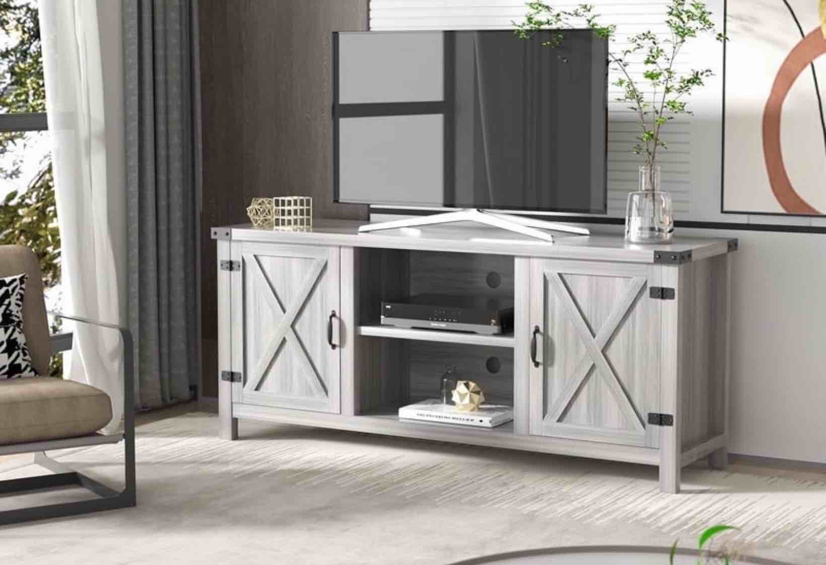 Homall Farmhouse TV Stand Rustic Barn Two-Door TV Cabinet for TVs up to 65   Gray Wash