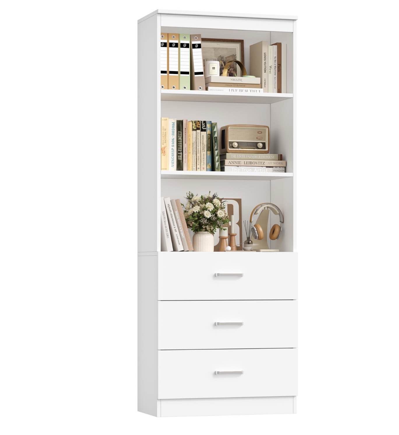 Homfa 71" Tall Bookcases with 3 Large Drawers, 3 Tier Wooden Storage Bookshelf for Living Room Home Office, White