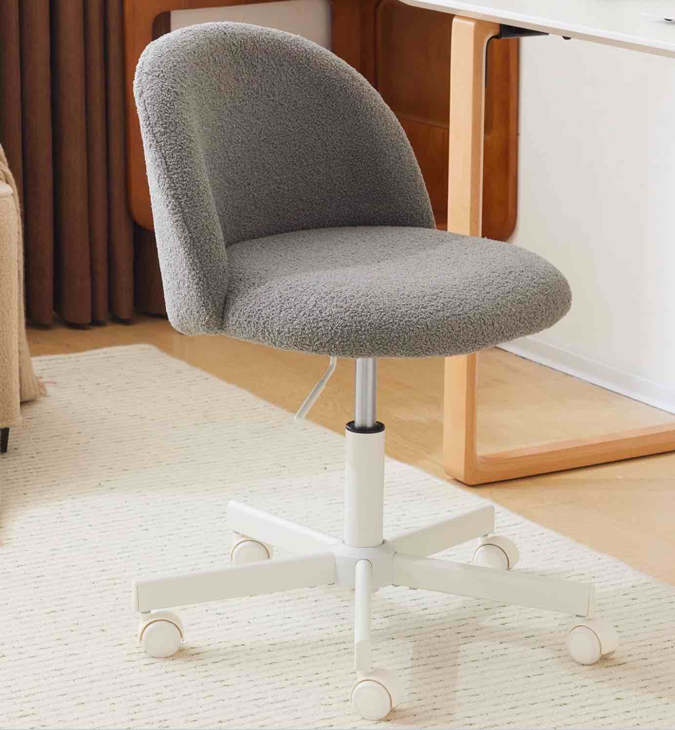 Ktaxon Armless Home Office Desk Chair Cute Mid Back Vanity Stool Teddy Velvet Swivel Task Chairs with Wheels Gray