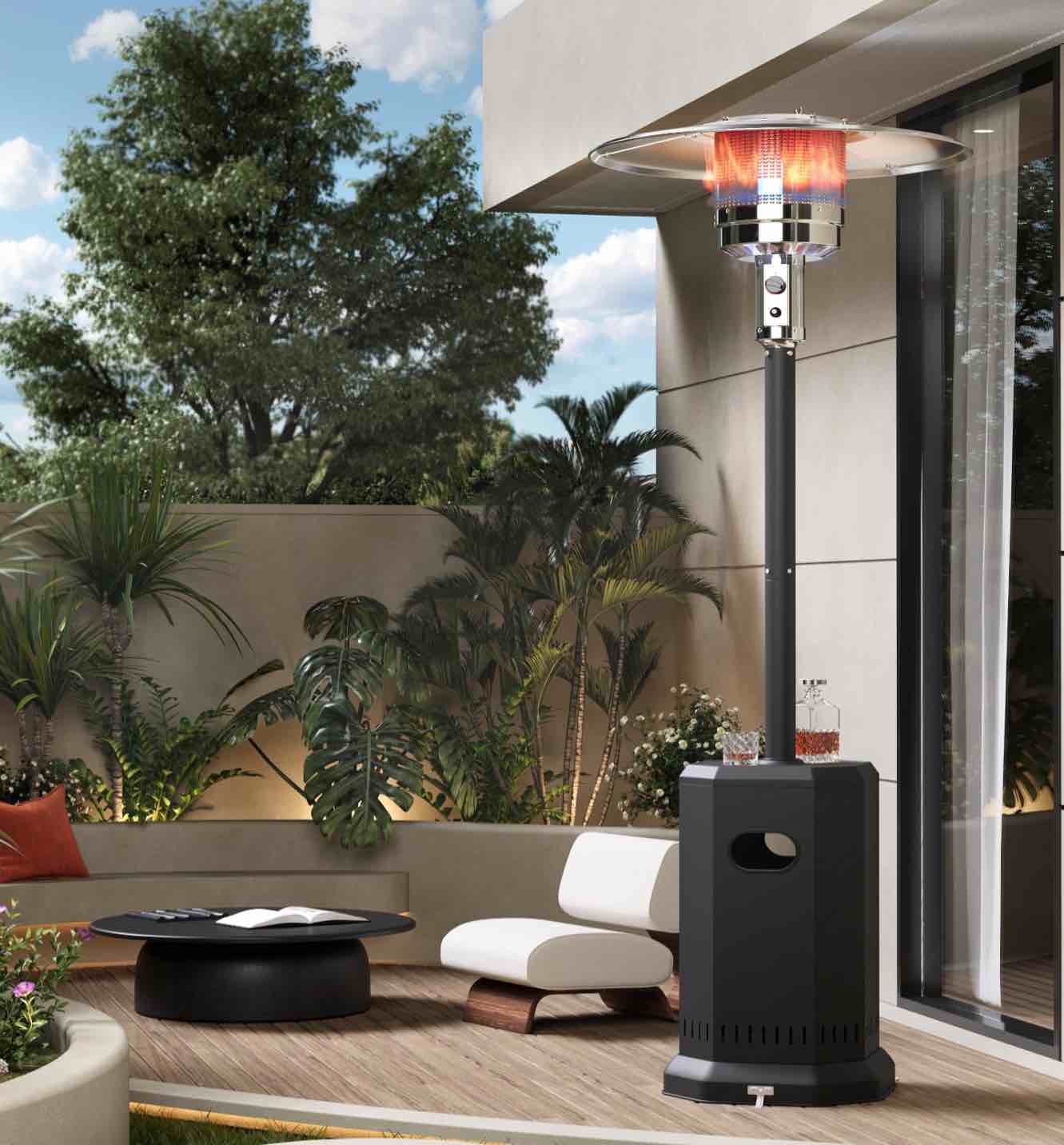 50,000 BTU Propane Patio Heater, Outdoor Heater with Table Design, 2025 Upgrade Stainless Steel Burner, and Wheels, Portable Heater for Home and Commercial, Gray