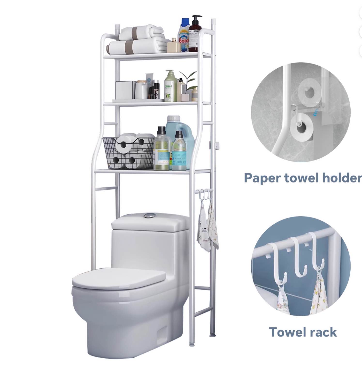 hioha over the toilet storage rack, 3-tier bathroom shelf organizer, space saver corner stand for towels & toiletries, 22" wide, metal frame, white