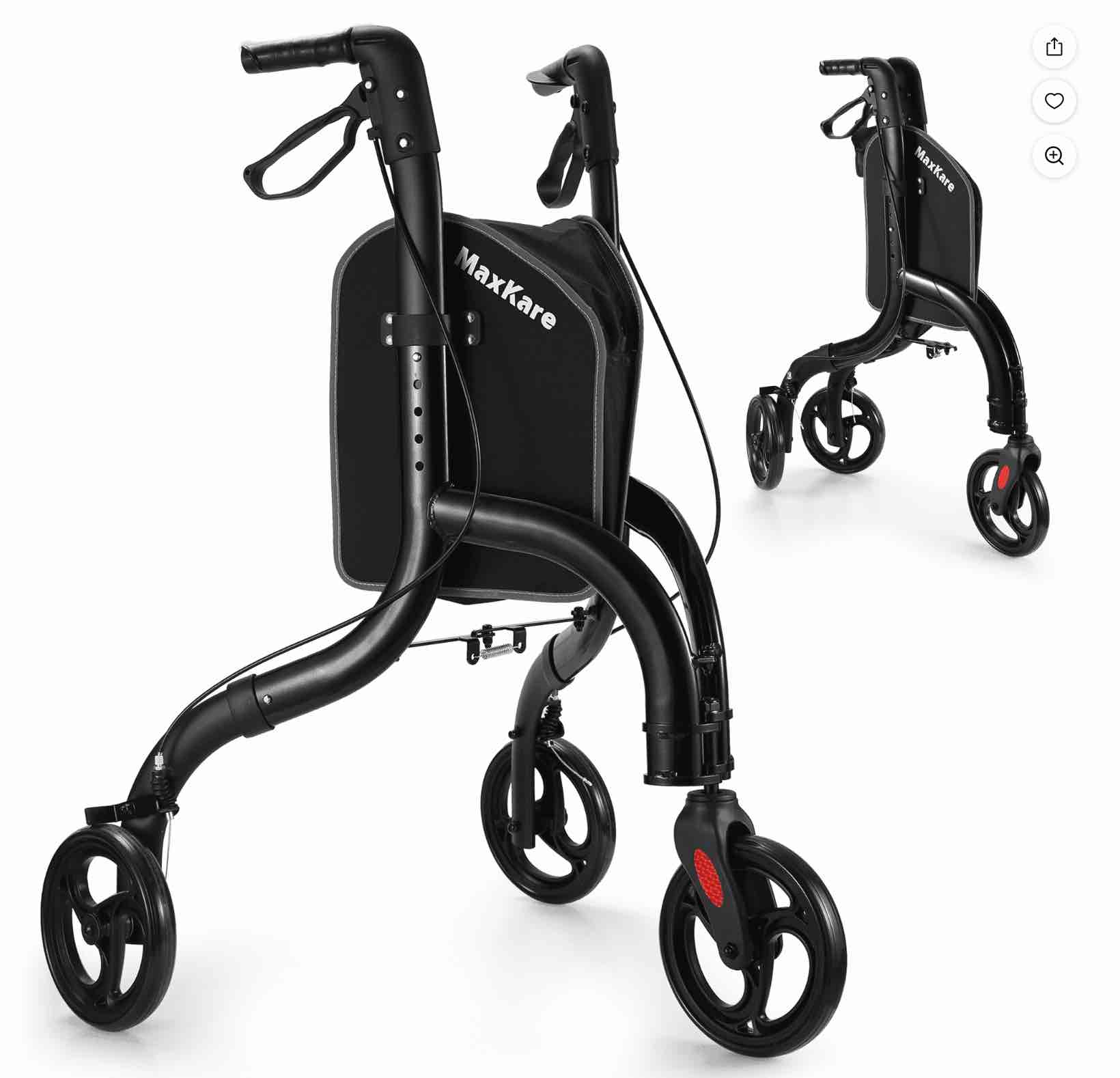 maxkare 3-wheel walker for seniors foldable rollator walker with 8'' wheel lightweight, 300lbs weight capacity, height adjustable, black