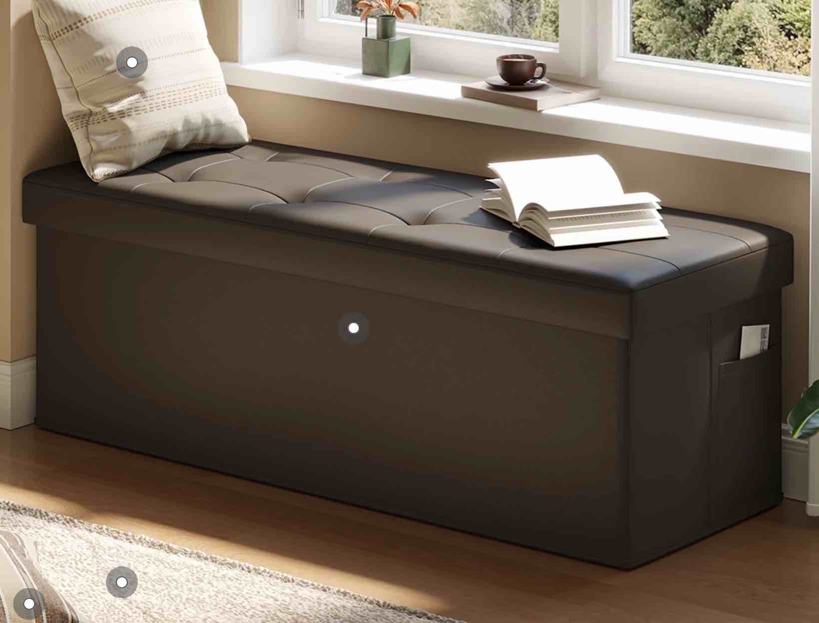 pinmoco 43" storage ottoman bench folding leather bedroom storage bench with side pocket for entryway, living room, dark brown