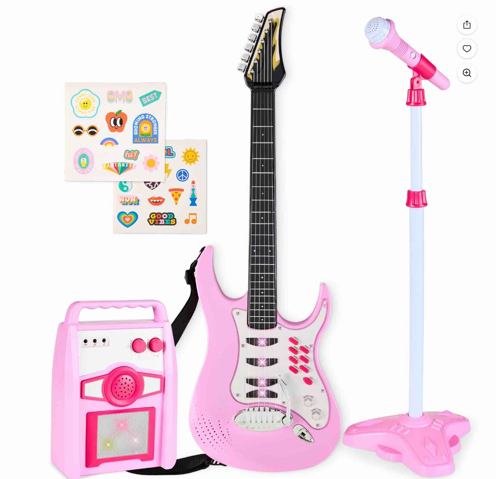 best choice products kids electric musical guitar toy play set w/ 6 demo songs, whammy bar, microphone - soft pink