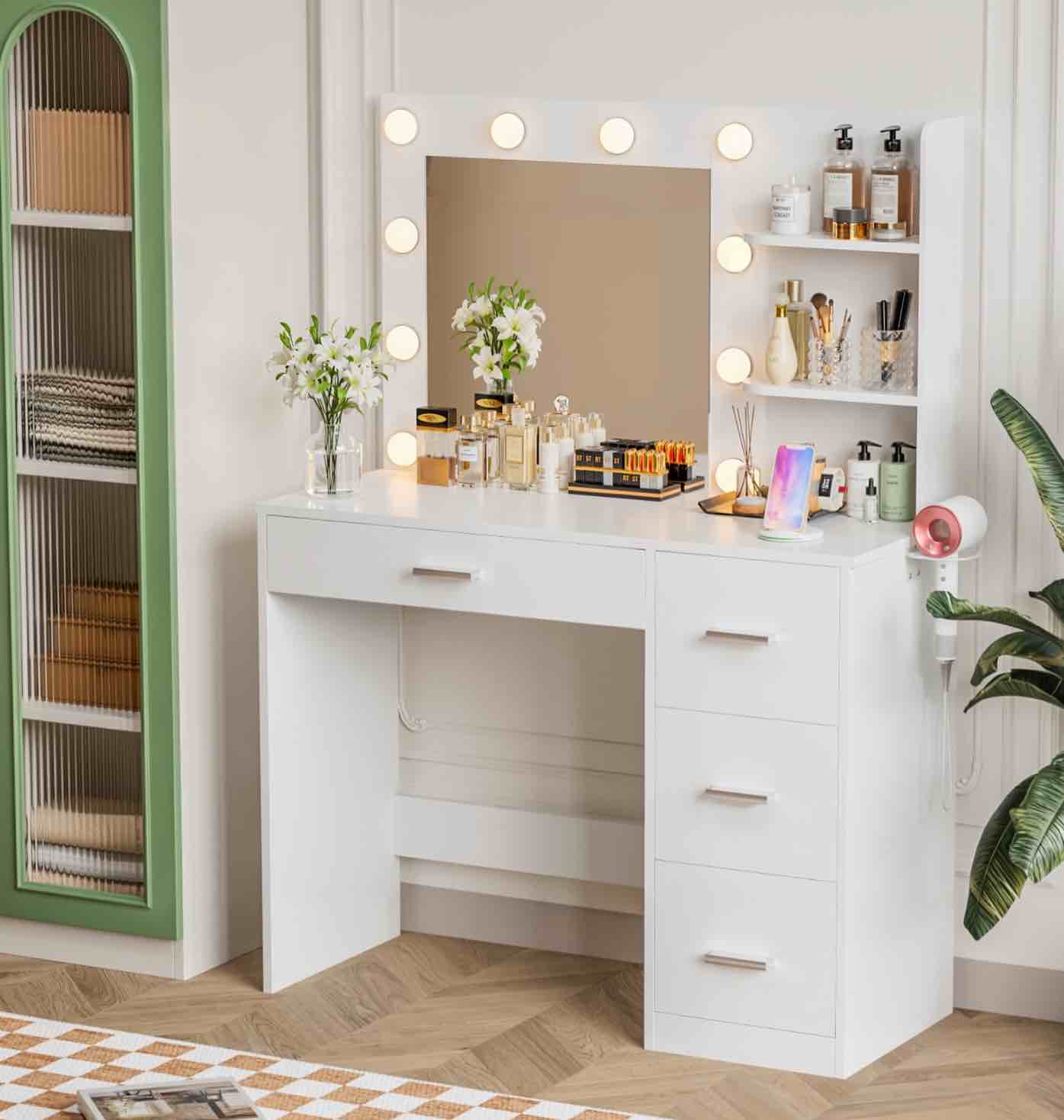 Furmax Vanity Desk with Lights and Mirror Makeup Vanity Table Set with Drawer and Power Outlet, White