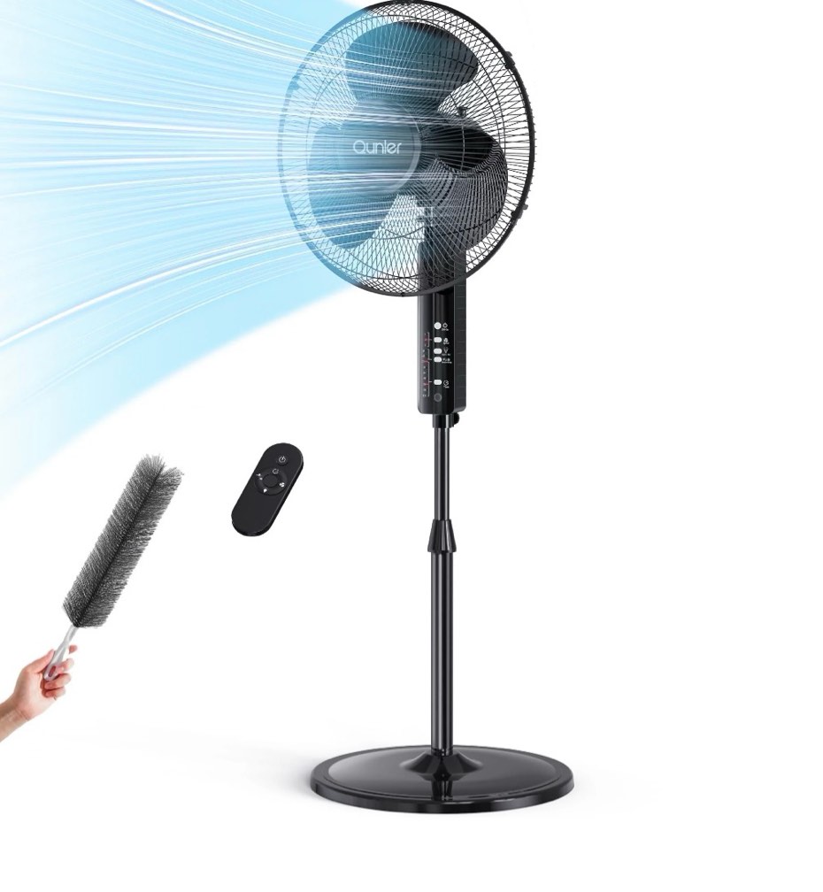 Qunler 16'' Pedestal Oscillating Fan with Remote Control, Stand up Fan Adjustable Height, 3-Speed, Electric Cooling Fans for Bedroom Home Office Use