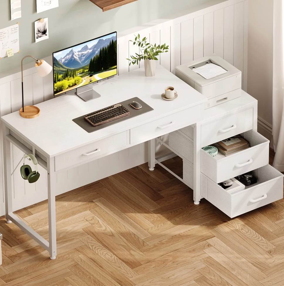 Sofanext Computer Desk with 5 Drawers, Reversible Sturdy Office Desk with Printer Stands, Study Writing Table, Home Office Desks with Storage for Small Spaces, White