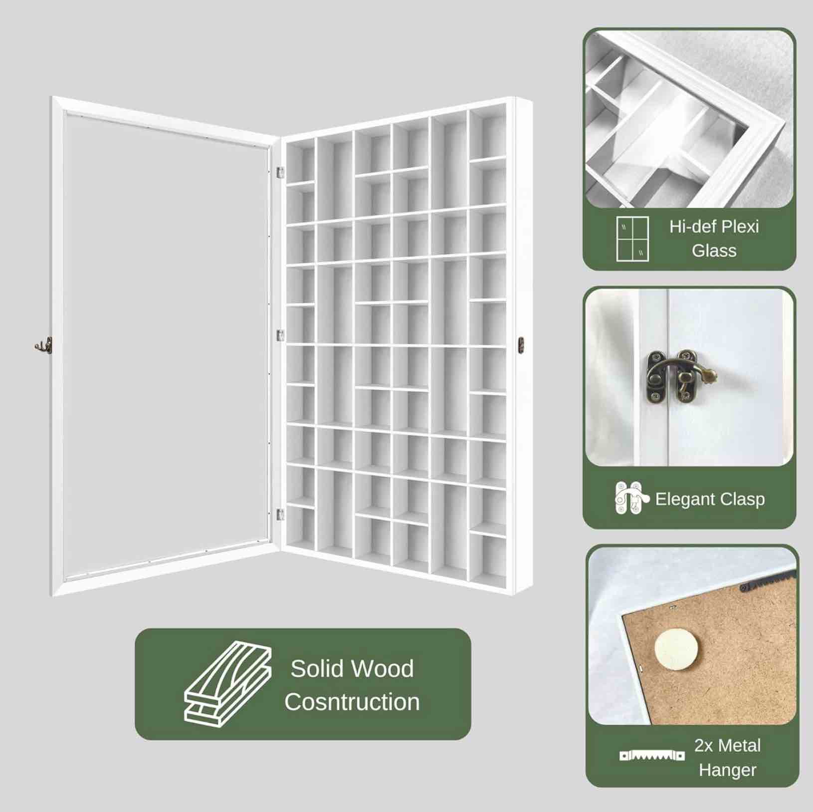 Condition photo showing New/Like New for ILOT Shot Glass Display Cabinet Solid Wood - Large Display Case for Collectibles | Man Cave Accessories | UV Protection Acrylic Door | Wall Mounted Black Shadow Box | 52 Divided Slots | 32 x17