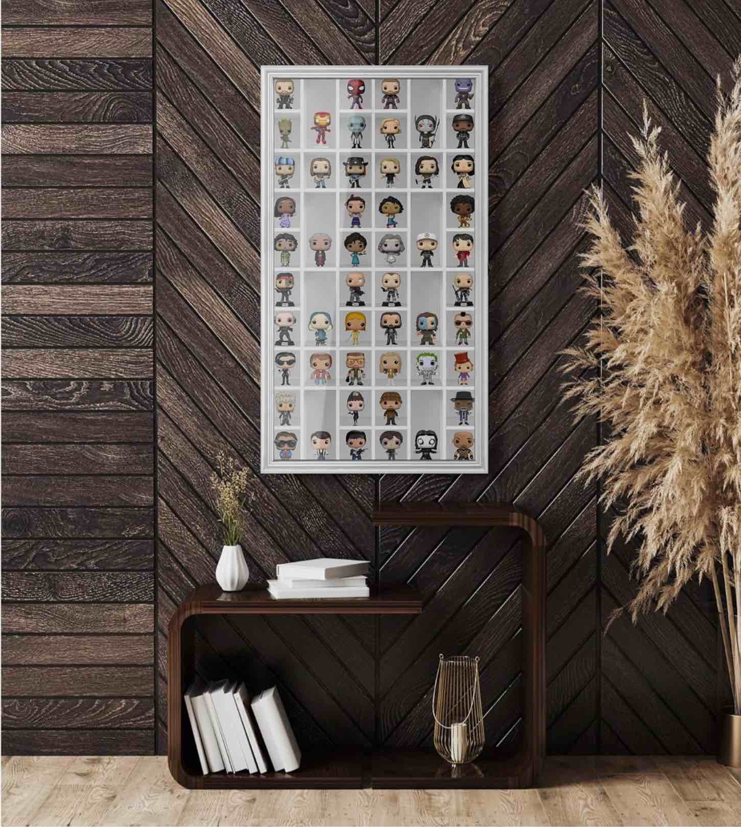 ILOT Shot Glass Display Cabinet Solid Wood - Large Display Case for Collectibles | Man Cave Accessories | UV Protection Acrylic Door | Wall Mounted Black Shadow Box | 52 Divided Slots | 32 x17