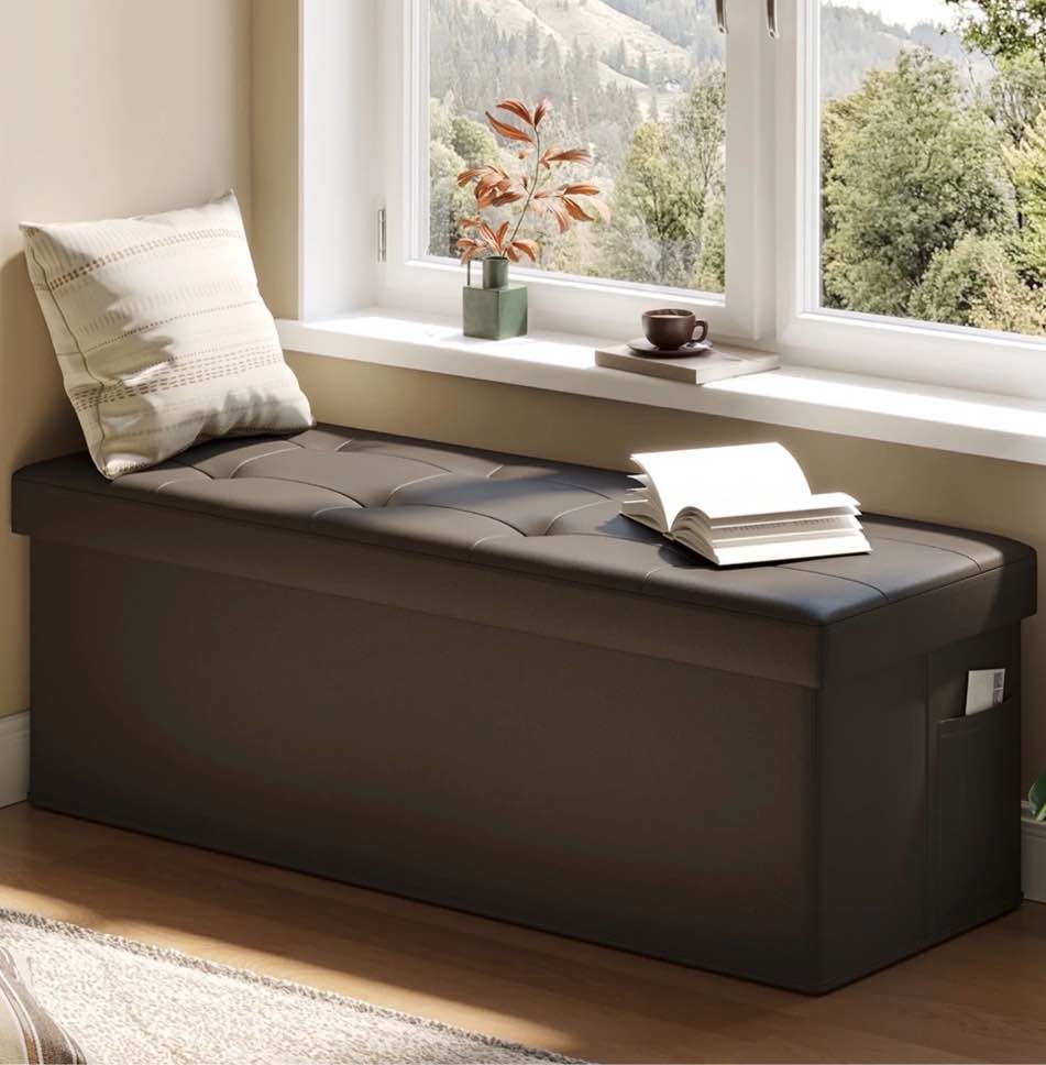 Pinmoco 43" Storage Ottoman Bench Folding Leather Bedroom Storage Bench with Side Pocket for Entryway, Living Room, Dark Brown