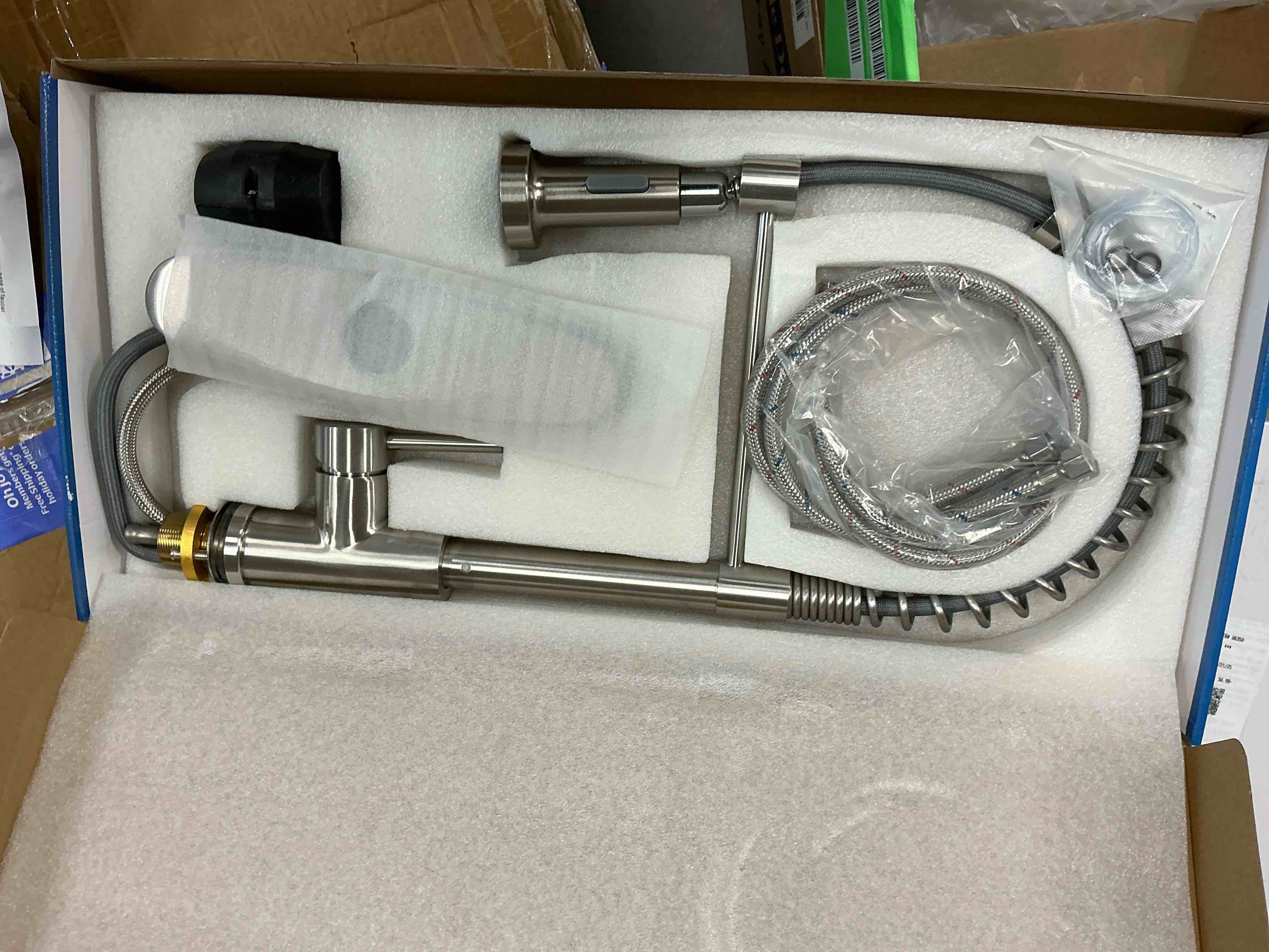 Condition photo showing New/Like New for Kitchen Faucet w/ Pull Down Sprayer, High Arc Spring Kitchen Sink Faucet, Modern rv Single Handle Water faucets with Deck Plate&Water Lines, Dual Function for Bar/Laundry/Utility Sink, Brushed Nickel