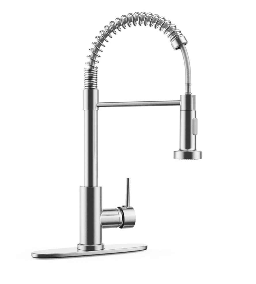 Kitchen Faucet w/ Pull Down Sprayer, High Arc Spring Kitchen Sink Faucet, Modern rv Single Handle Water faucets with Deck Plate&Water Lines, Dual Function for Bar/Laundry/Utility Sink, Brushed Nickel