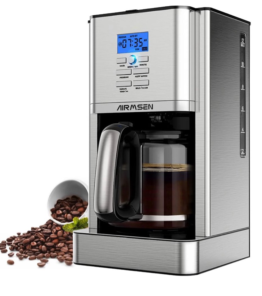 AIRMSEN Stainless Steel 12 Cup Drip Coffee Maker, Programmable Coffee Machine Self-Cleaning
