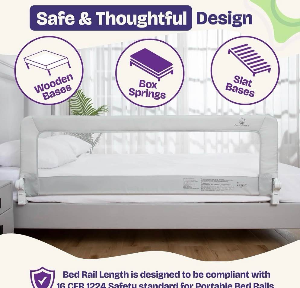 Condition photo showing New/Like New for ComfyBumpy Toddler Bed Rail Guard, 55.5" x 19.5" Extra long Swing Down Rail for Kids Beds, Gray, 1 pack