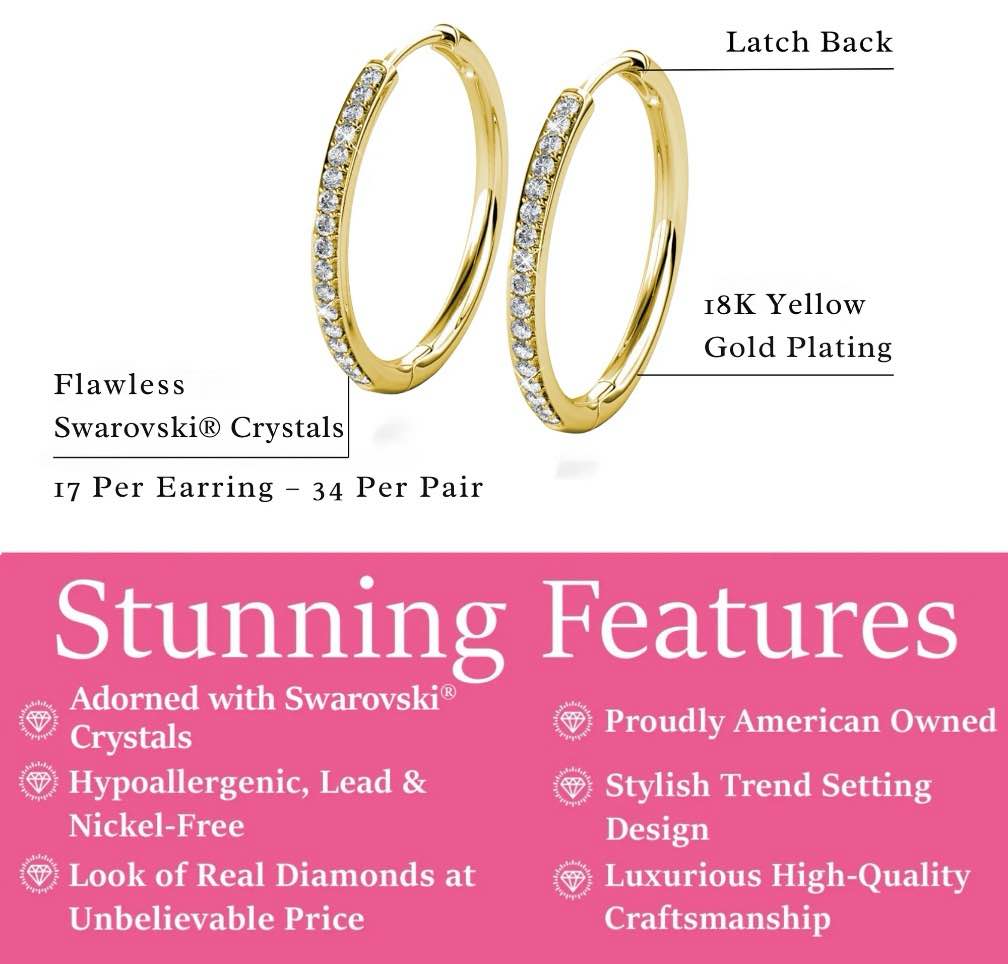 Condition photo showing New/Like New for Cate & Chloe Bianca 18k Yellow Gold Drop Dangle Hoop Earrings with Swarovski Crystals Gift for Women