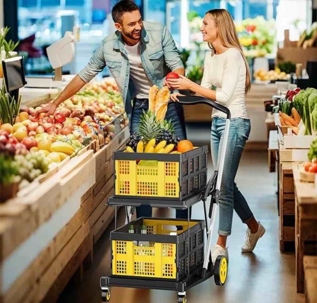 Condition photo showing Good Condition for Rvchic Functional Collapsible Carts with 2 Storage Crates,8-in-1 Mobile Folding Trolley with 360°Rolling Wheels for Shopping,Picnic,Warehouse,Yellow