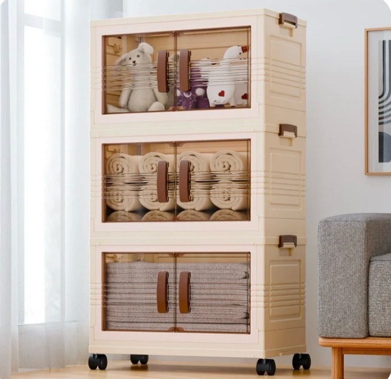 Condition photo showing As Is for TINANA Plastic Storage Bins with Lids  3 Tier 222QT Stackable Storage Containers with Wheels  Folding Closet Organizers for Living Room  Office  Dorm