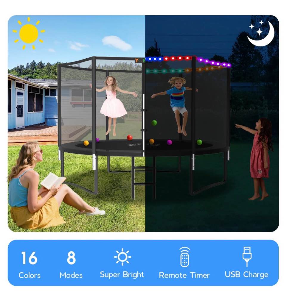 Condition photo showing New/Like New for YORIN Trampoline for 2-3 Kids, 8FT Trampoline for Adults with Enclosure Net, Ladder, Light, 800LBS Heavy Duty Outdoor Round Trampoline, Safety Certified, Rust-Resistant Frame