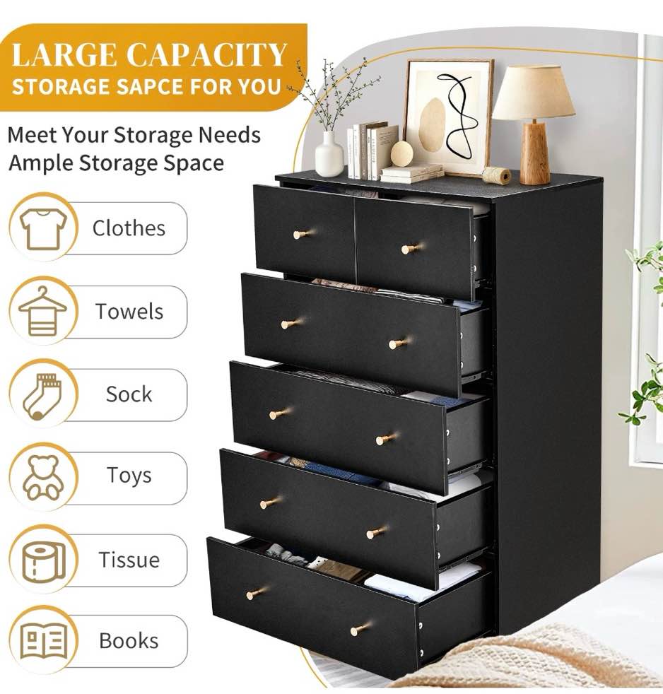 Condition photo showing As Is for Ktaxon Large 6 Drawers Dresser Chests for Bedroom, Wood Chset of Drawers,Dressers Organizer for Bedroom, Living Room,Hallway, Black