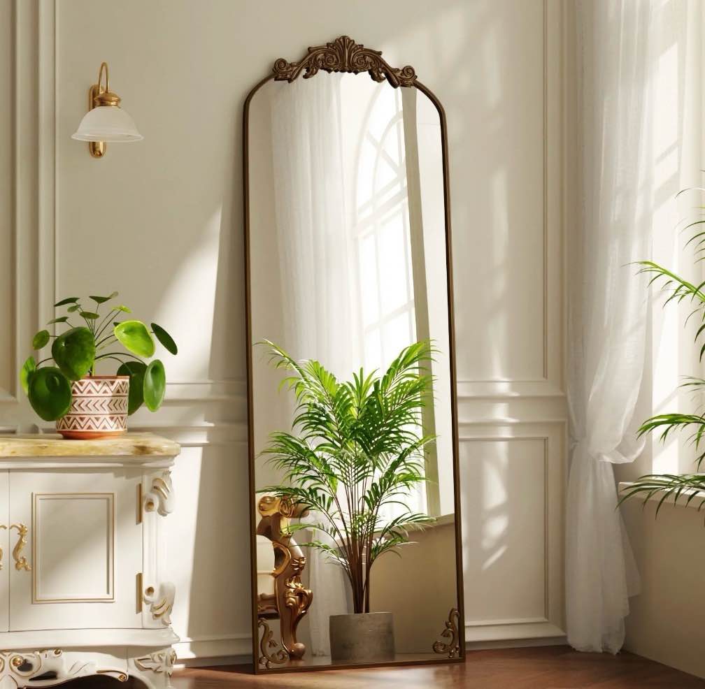 BEAUTYPEAK 66"x21" Arched Full Length Mirror Metal Vintage Mirror Baroque Style,Antique Bronze