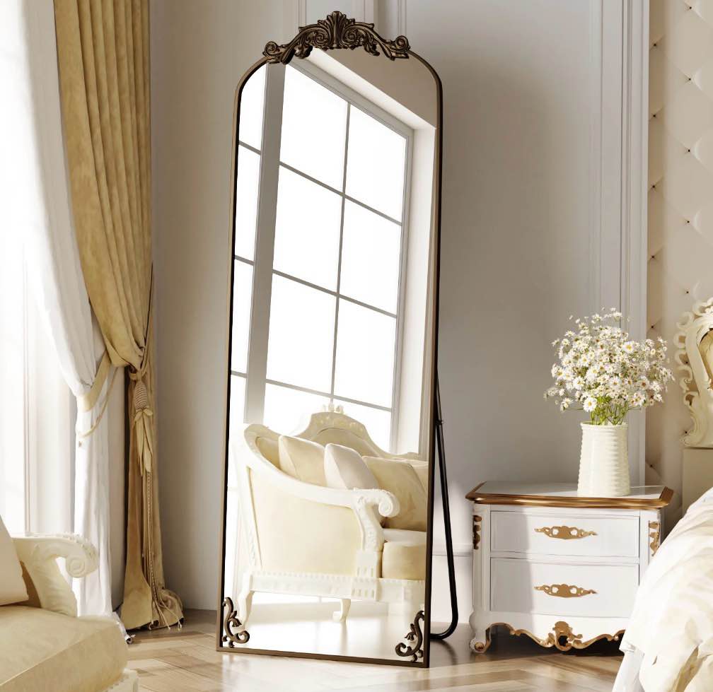 Condition photo showing New/Like New for BEAUTYPEAK 66"x21" Arched Full Length Mirror Metal Vintage Mirror Baroque Style,Antique Bronze