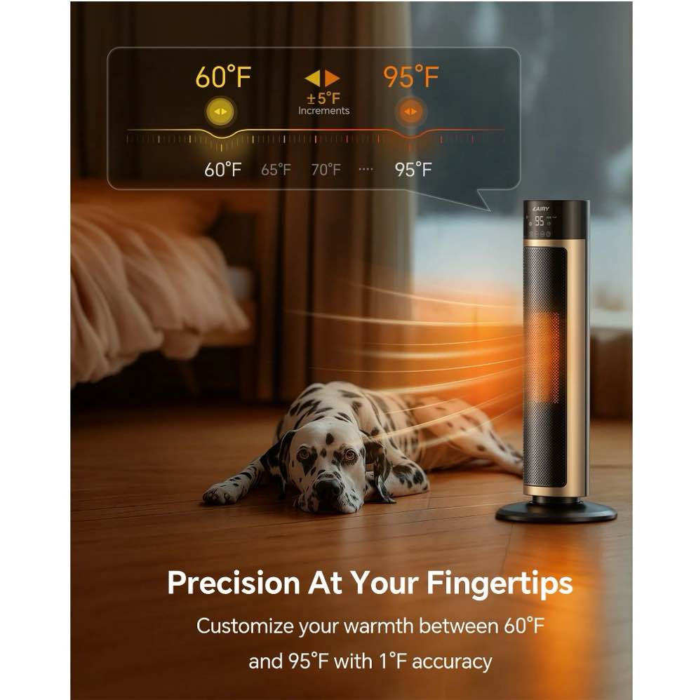 Condition photo showing As Is for Lairy 1500W Space Heater Large Room,24 inch Electric Tower Heaters with Remote, Adjustable Thermostat, Black Gold