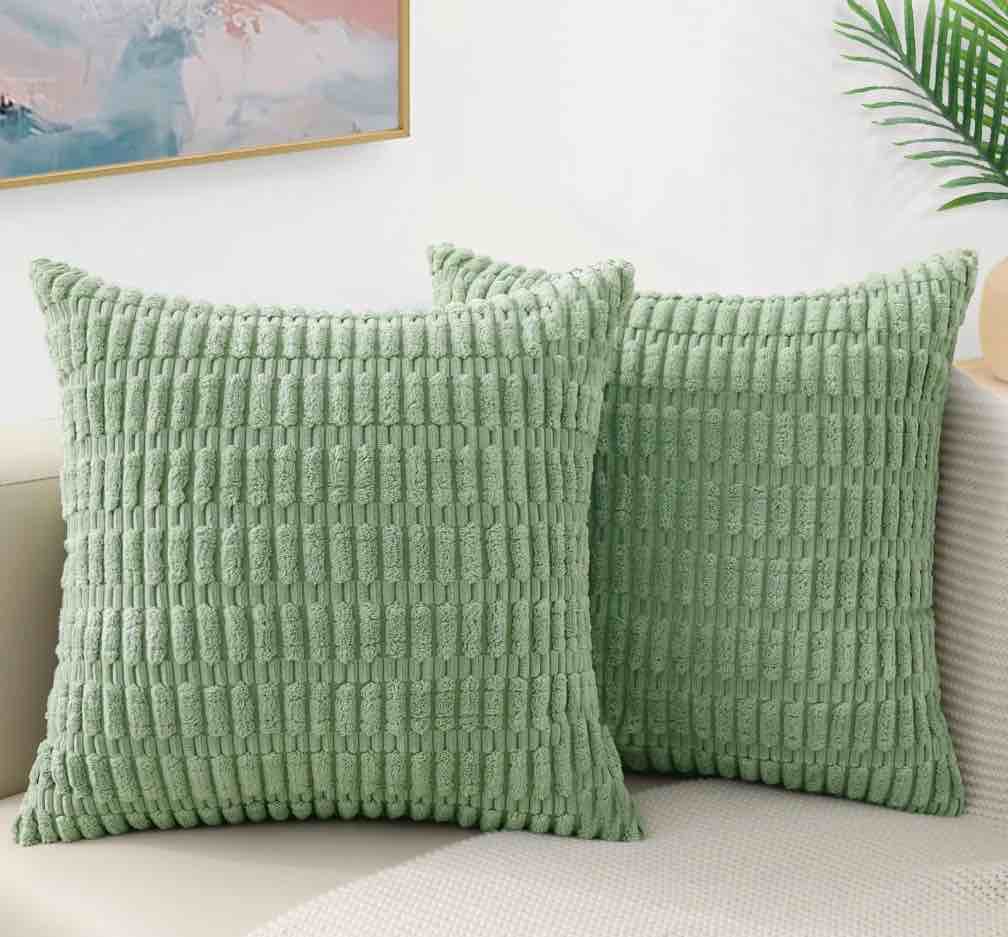 decorUhome Pack of 2 Decorative Throw Pillow Covers 18x18  Soft Corduroy Striped Couch Pillow Covers  Boho Modern Farmhouse Home Decor  Sage Green