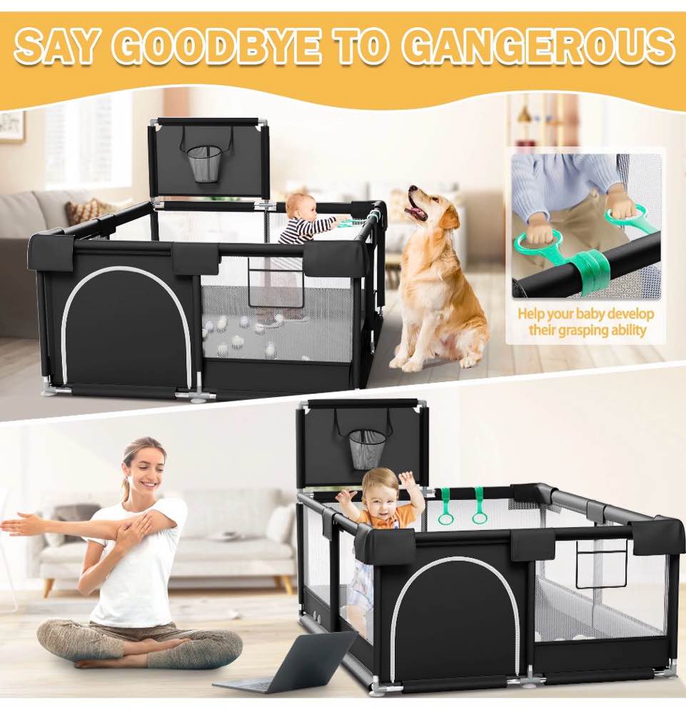 Condition photo showing As Is for Babyeap Baby Playpen, Play Yard, Toddlers Playards, 50"x50" Infant Travel Fence with Basket, Black
