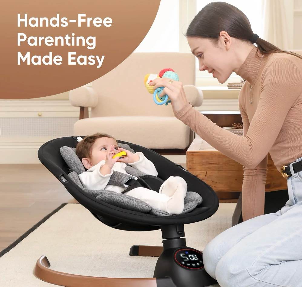 Condition photo showing As Is for Babyeap Baby Swing for Infants,Bluetooth Control 5-point Harness Newborn Swing,5 Sway Speed,10 Lullabies(Gray)