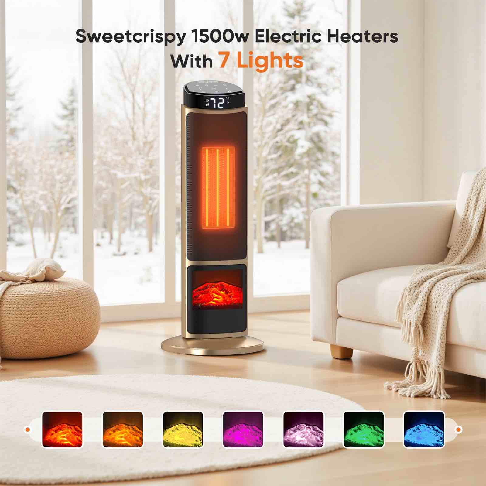 Condition photo showing As Is for CONCETTA Tower Space Heater with Fireplace Effect – Oscillating Function Remote Control 1500W Heating Gold