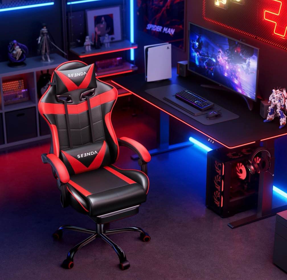 Condition photo showing As Is for Gaming Chair, Seenda Video Game Chair with Footrest and Lumbar Support, Ergonomic Computer Chair Height Adjustable with Swivel Seat and Headrest, Red