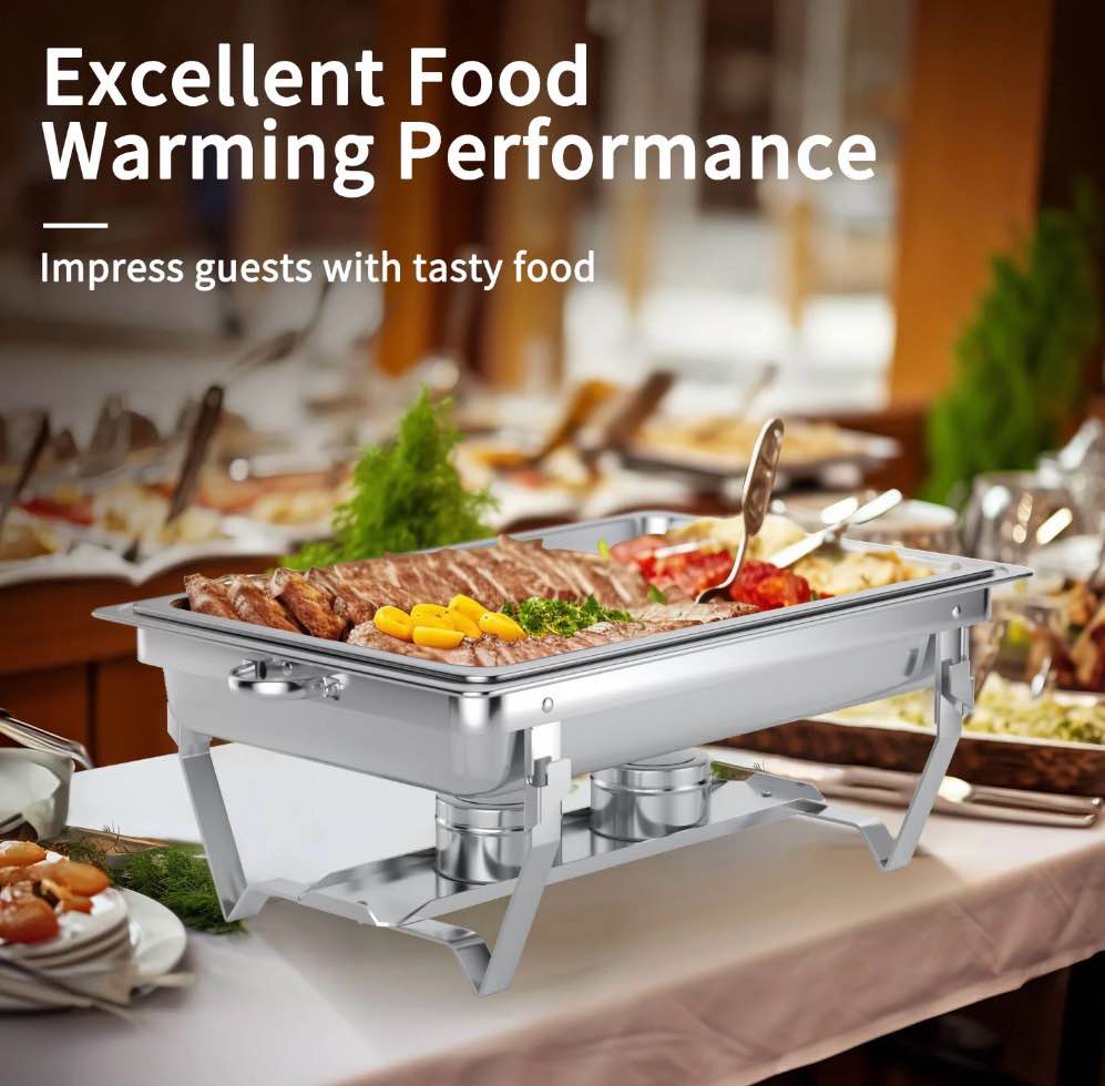 Condition photo showing As Is for Chafing Dish Buffet Set 4 Pack: TINANA 8QT Stainless Steel Chafing Dishes for Buffet  Chafers and Buffet Warmers Sets for Parties  Events  Wedding  Camping  Dinner