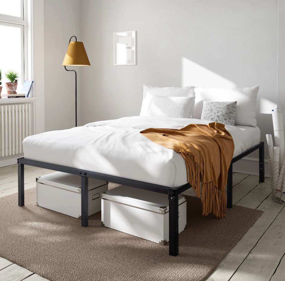 Condition photo showing As Is for Amolife Heavy Duty Queen Size Metal Platform Bed Frame with 16.5   Large Under Bed Storage Space  Black